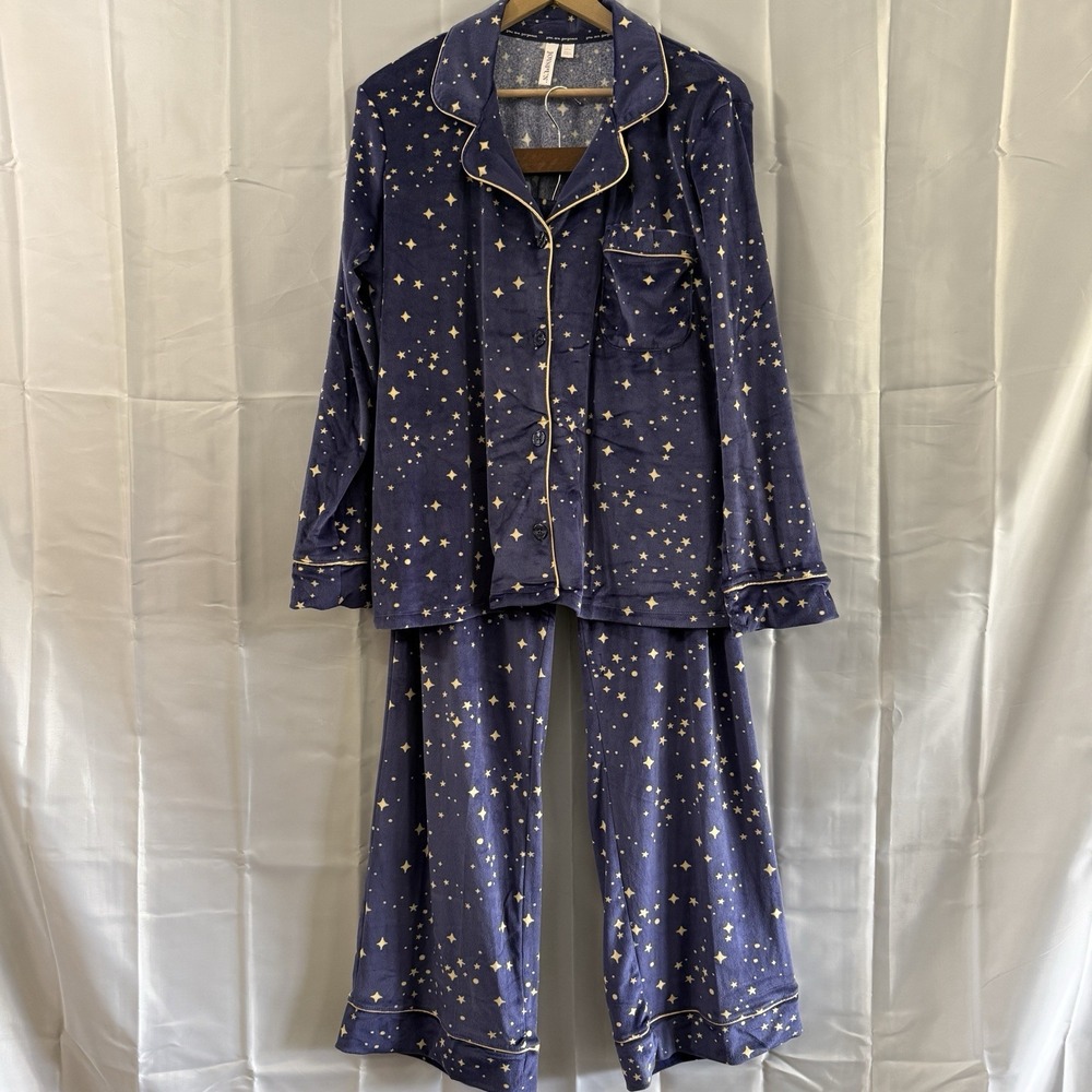 Womens Fleece Pajama Set L 12/15 Blue Gold Star Celestial Sky Pjs Soft‎ Pockets